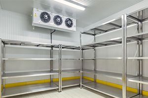 Learn More About Commercial Refrigerator Repair Empty cold storage room with metal shelves and overhead fans, white walls, and a yellow safety strip on the floor