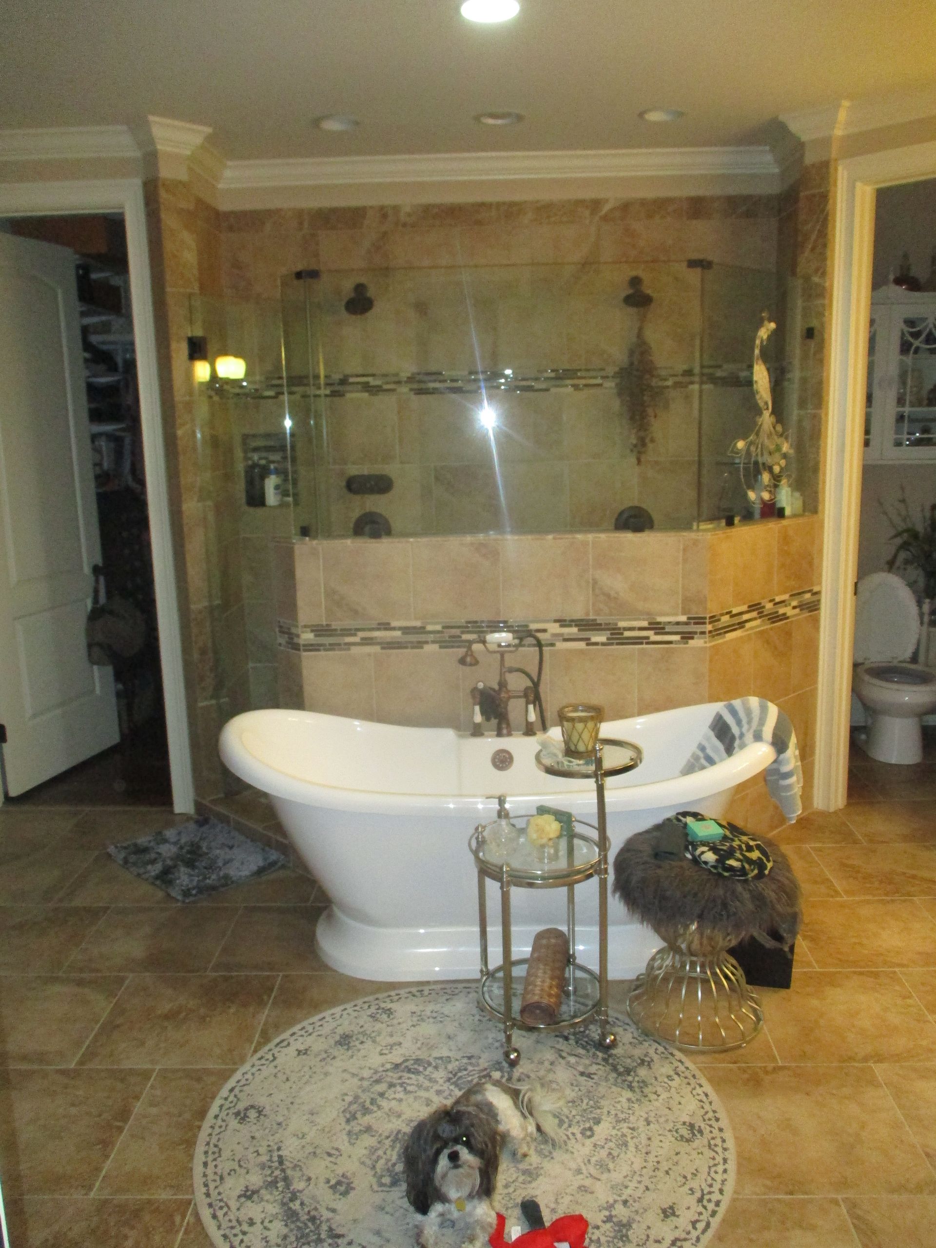 A bathroom with a tub and a dog on the floor