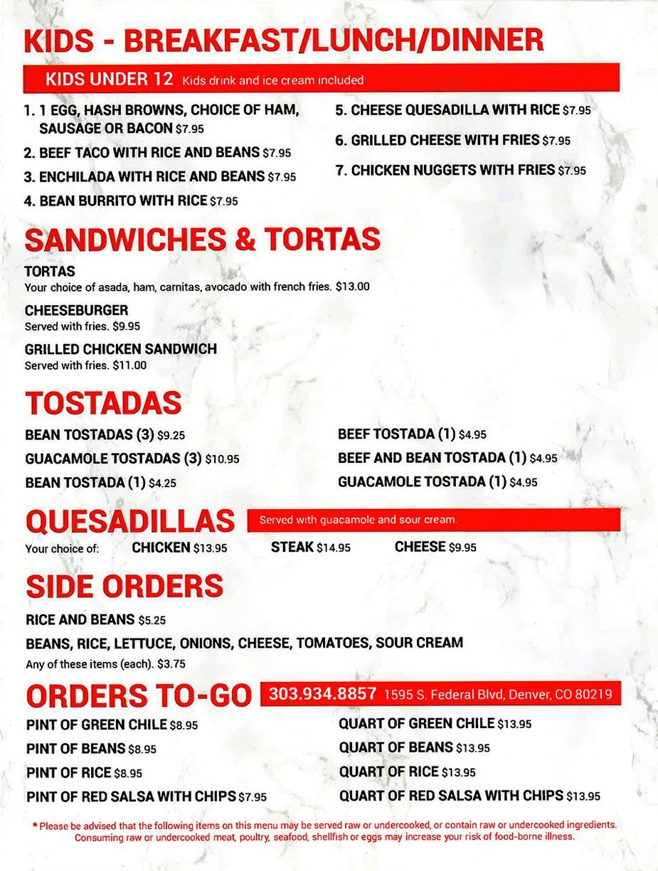 Torres Mexican Food Menu Kids