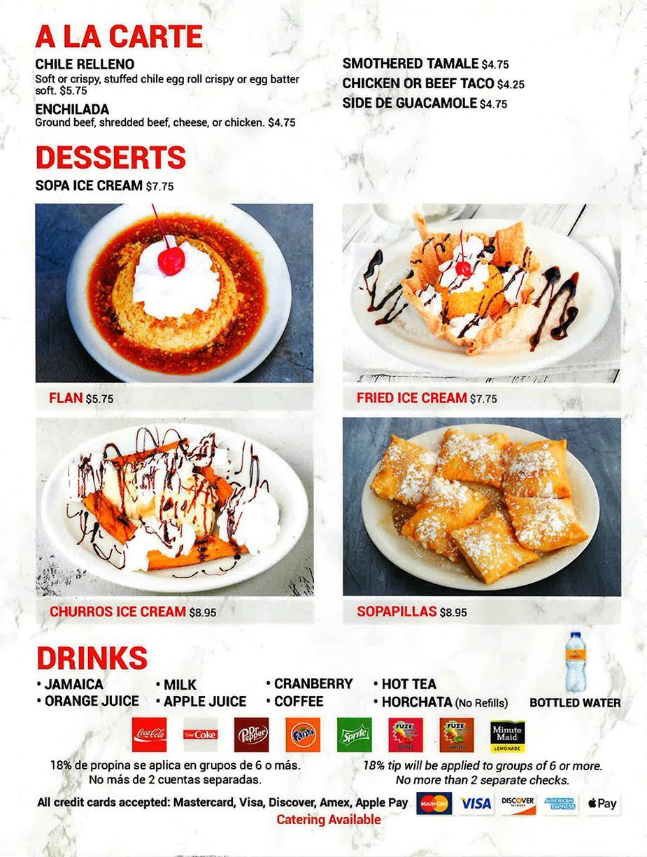 Torres Mexican Food Menu A la Carte