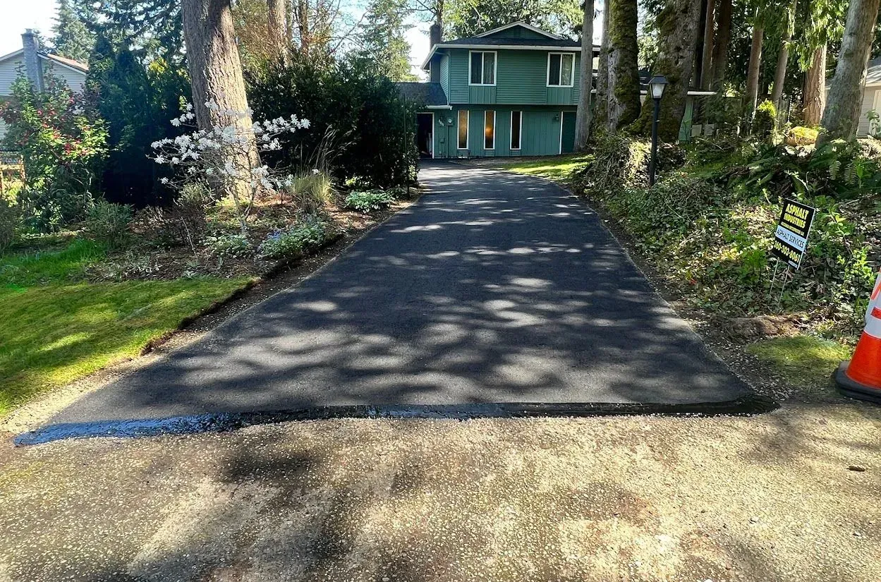 Dark asphalt driveway leading to a two-story green house lined with trees and landscaping.