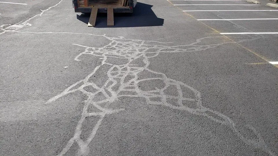 Cracked asphalt in a parking space, showing a network of sealed cracks. A forklift is visible in the background.
