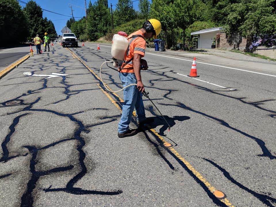 Road worker spraying sealant on cracked asphalt road, sunny day.
