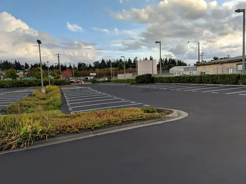 Empty asphalt parking lot with landscaped borders and streetlights under a cloudy sky.