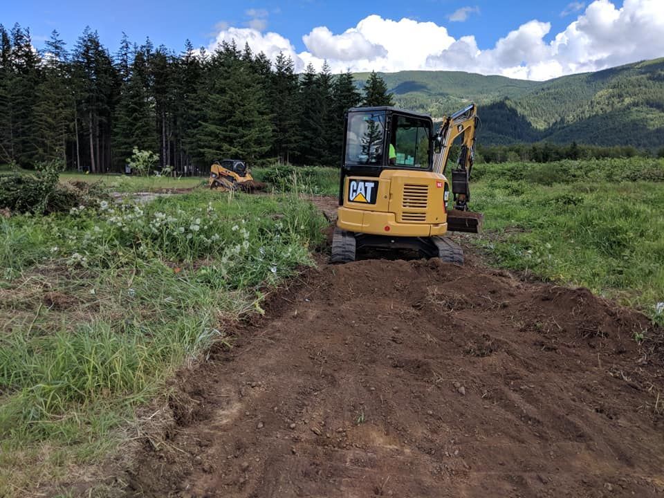 Two yellow CAT excavators on a dirt path in a field, clearing land, with mountains and trees in the background.