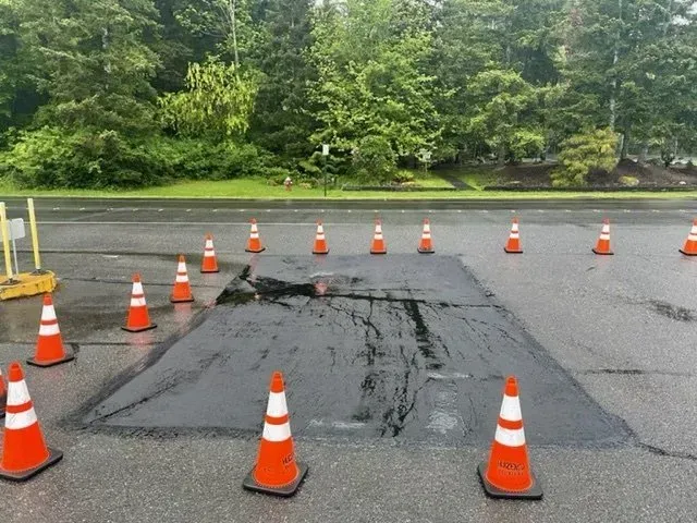 Patch of asphalt surrounded by orange traffic cones in a parking lot, trees in the background.