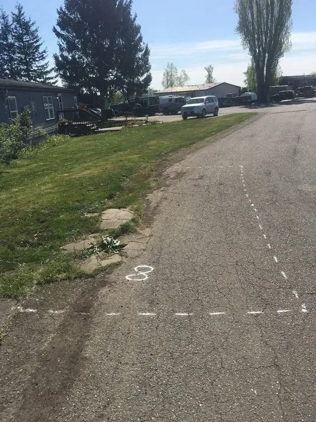 Asphalt road with white painted lines and a small patch of grass. A white car and some buildings are visible in the background.