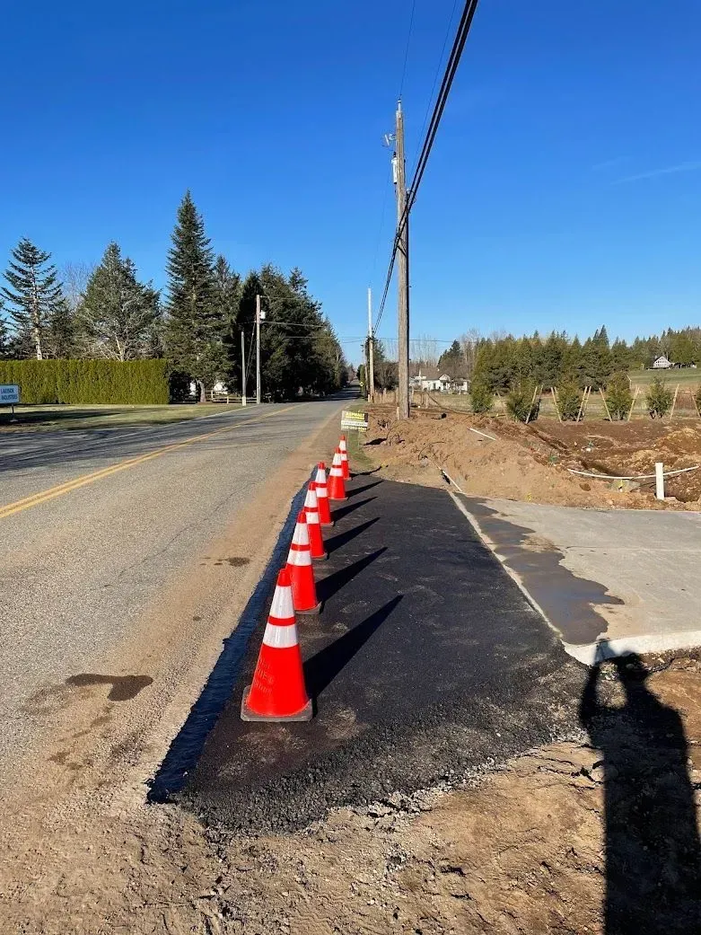 Orange traffic cones line a newly paved road edge, sunny day, power lines, rural setting.