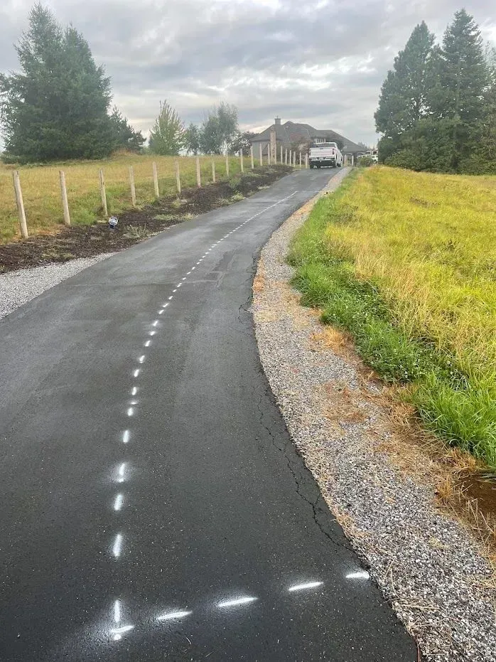 Asphalt driveway curves through a grassy landscape, dotted white lines, truck in the distance, cloudy sky.