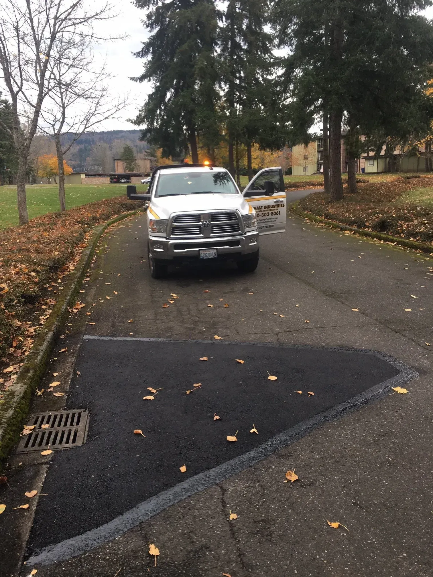 Asphalt patch on a road with a truck parked nearby and open door. Fall leaves scattered.