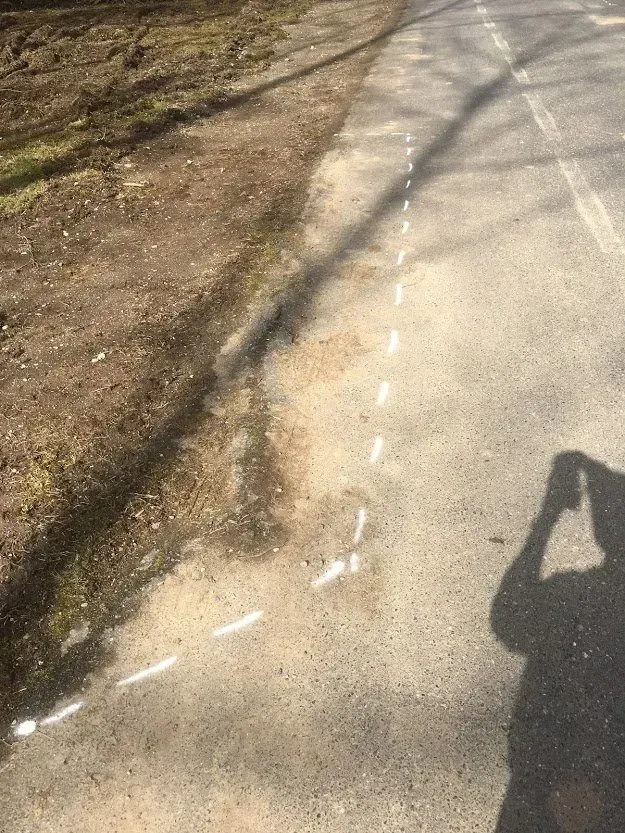 Asphalt path with white markings along a dirt edge; a shadow of a person holding a phone.