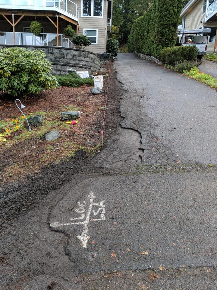 Asphalt path with directional marker, alongside a landscaped yard and a two-story house.