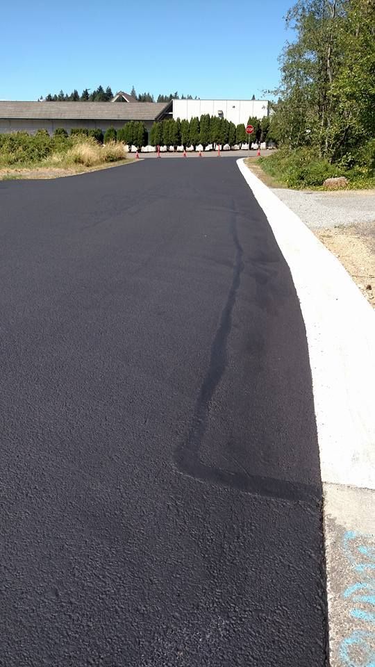 Newly paved asphalt road next to a white curb; trees and a building in the background.