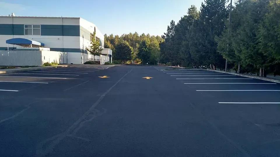 Empty asphalt parking lot with white parking lines, building, and trees in background.