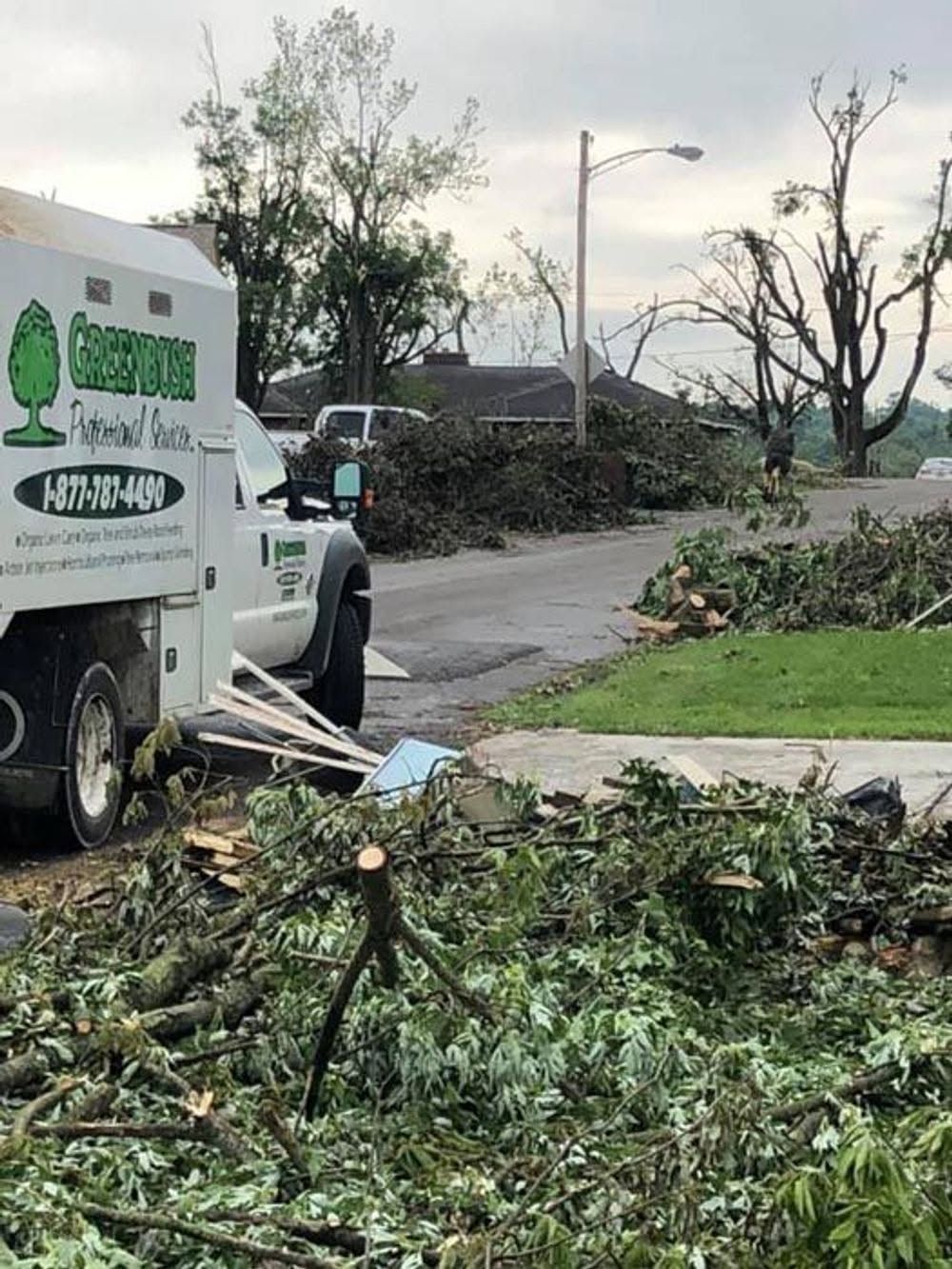 Tree service truck clearing storm debris on a roadside with fallen branches in the foreground