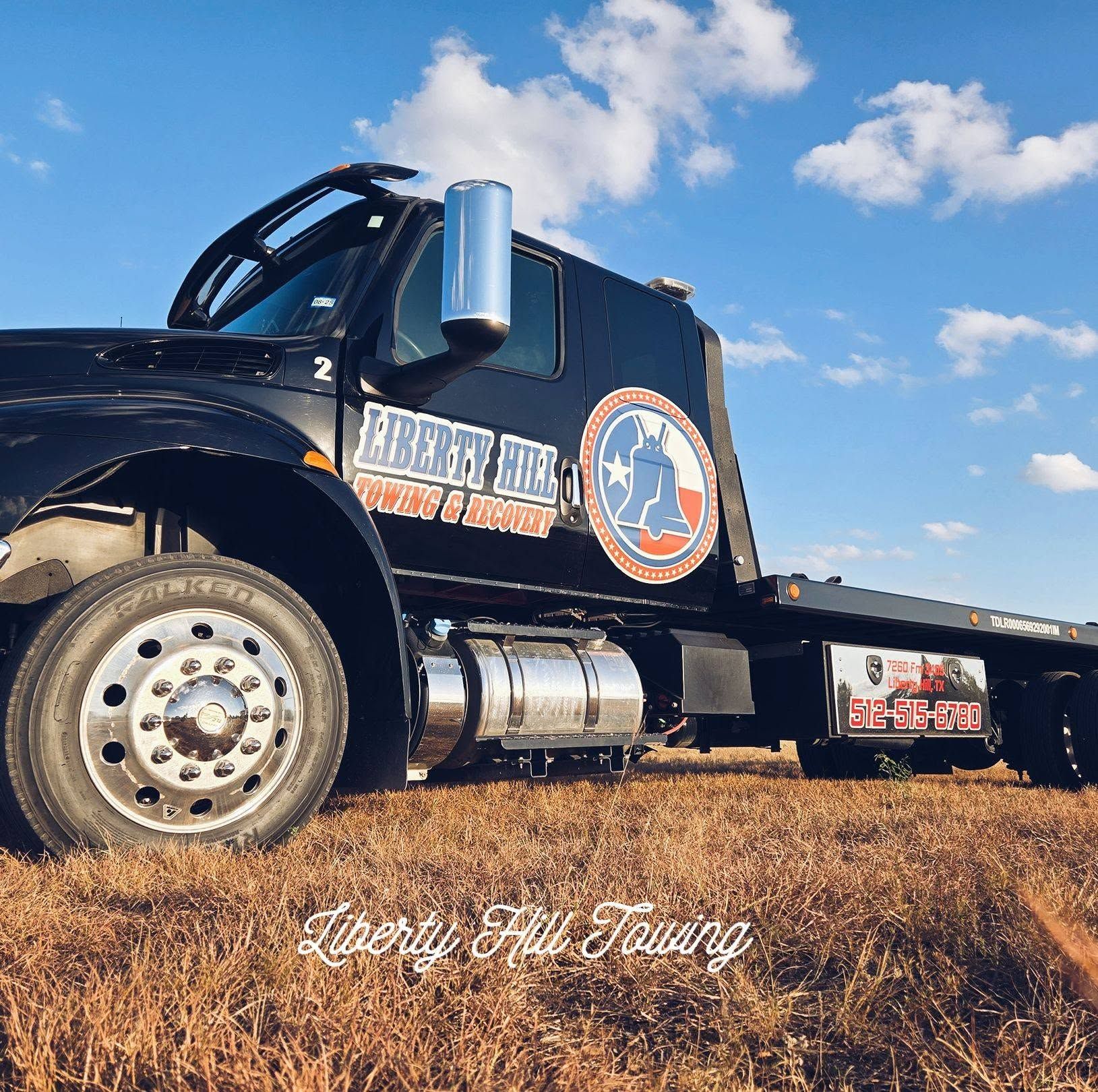 Black semi truck with trailer parked in a grassy field under a blue sky with clouds.