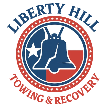 Liberty Hill Towing & Recovery logo with a blue tow hook and red-white circular emblem