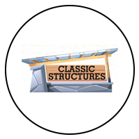 Classic Structures sign, illustration of a shed with a sign, in a white circle.