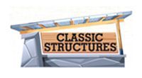 Classic Structures sign with wooden sign board and metal roof.