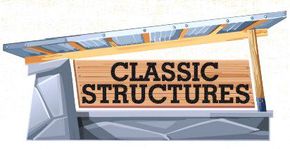 Sign for "Classic Structures" with a wooden board, metal roof, and stone base.