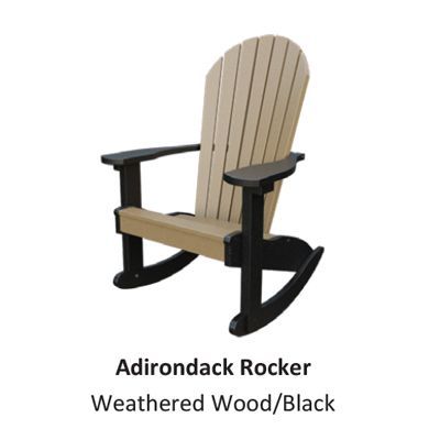 Adirondack rocker chair, weathered wood with black accents, sitting outdoors.