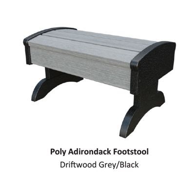 Poly Adirondack footstool, driftwood grey seat with black legs.