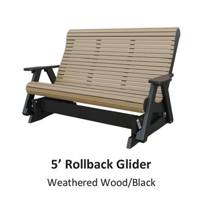5' rollback glider bench, weathered wood and black, outdoors.