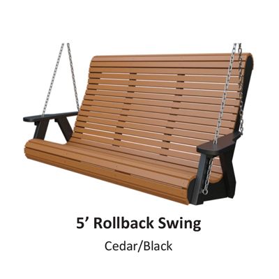 5' cedar and black rollback porch swing hanging from chains.