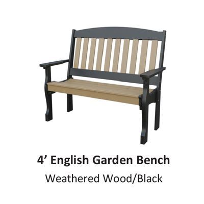 4-foot English garden bench with weathered wood and black frame, set outdoors.