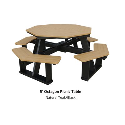 5' octagon picnic table, natural teak top, black base, with attached seats.