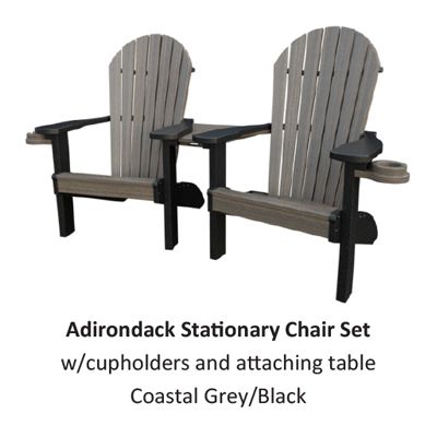 Adirondack stationary chair set with cupholders and table in coastal grey/black.