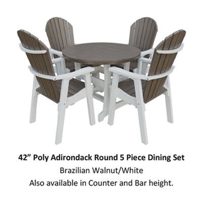 Five-piece outdoor dining set with round table and Adirondack chairs, walnut and white.