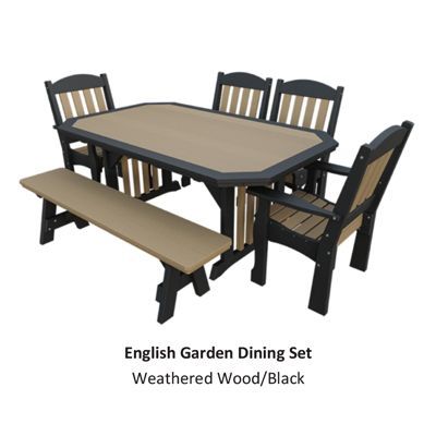 English garden dining set in weathered wood and black; includes a table, chairs, and bench.