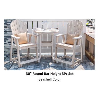 Seashell-colored bar-height patio set with two chairs and a round table on a deck.