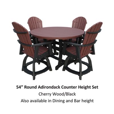 Outdoor dining set: round cherry wood table with five Adirondack chairs, black accents.
