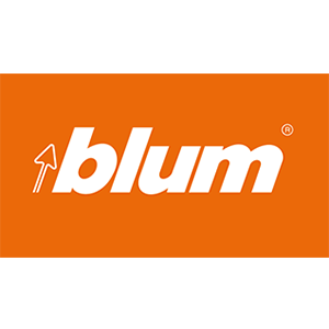 Blum logo in white on an orange rectangular background