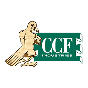 CCF Industries logo with a tan eagle beside green lettering