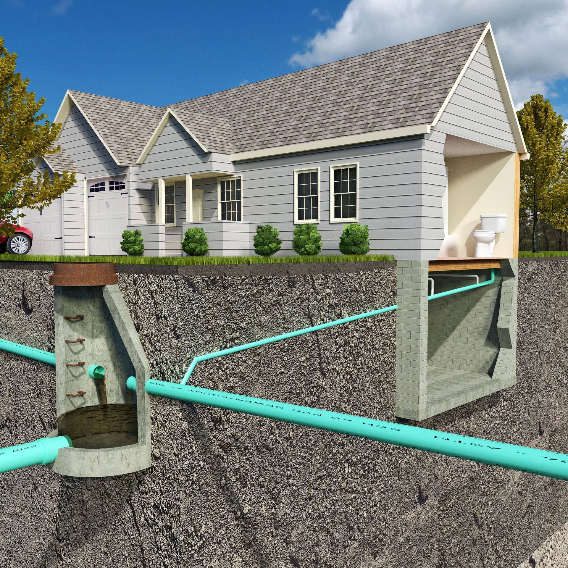 Cutaway diagram of house showing septic system; pipes, tank and toilet.