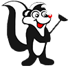 Smiling skunk holding a plunger, black and white with red nose and mouth.