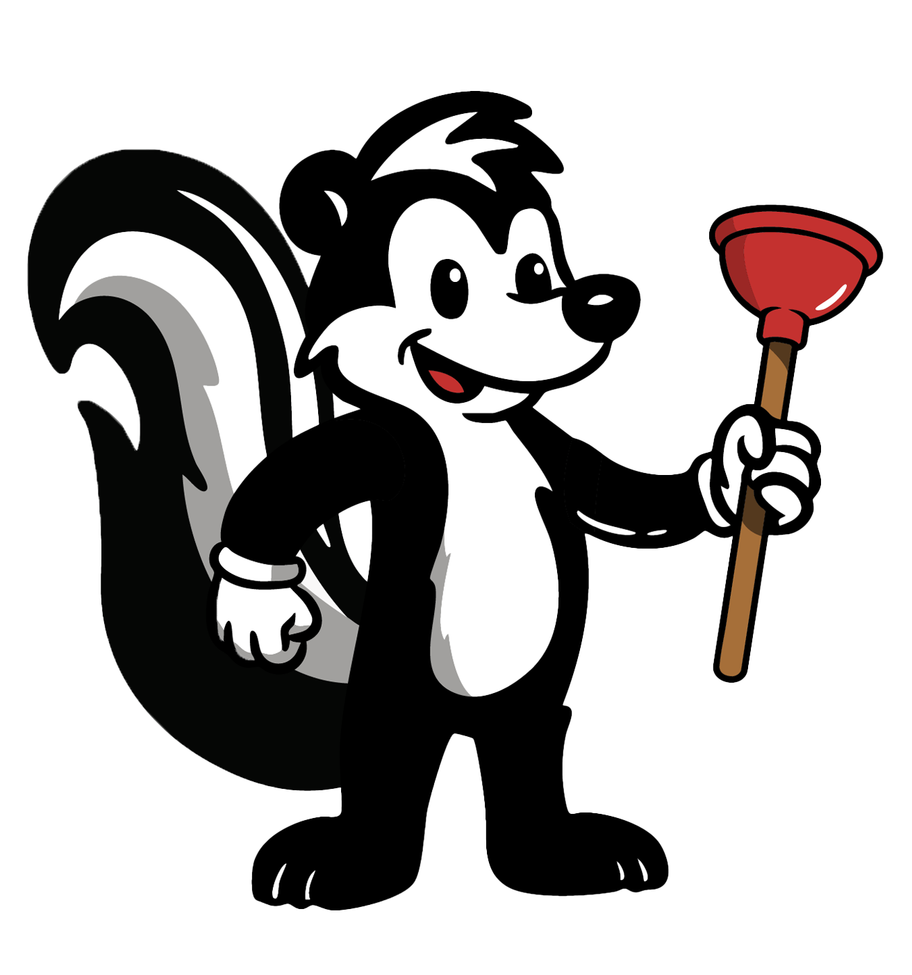 Smiling skunk holding a plunger, black and white with red nose and mouth.