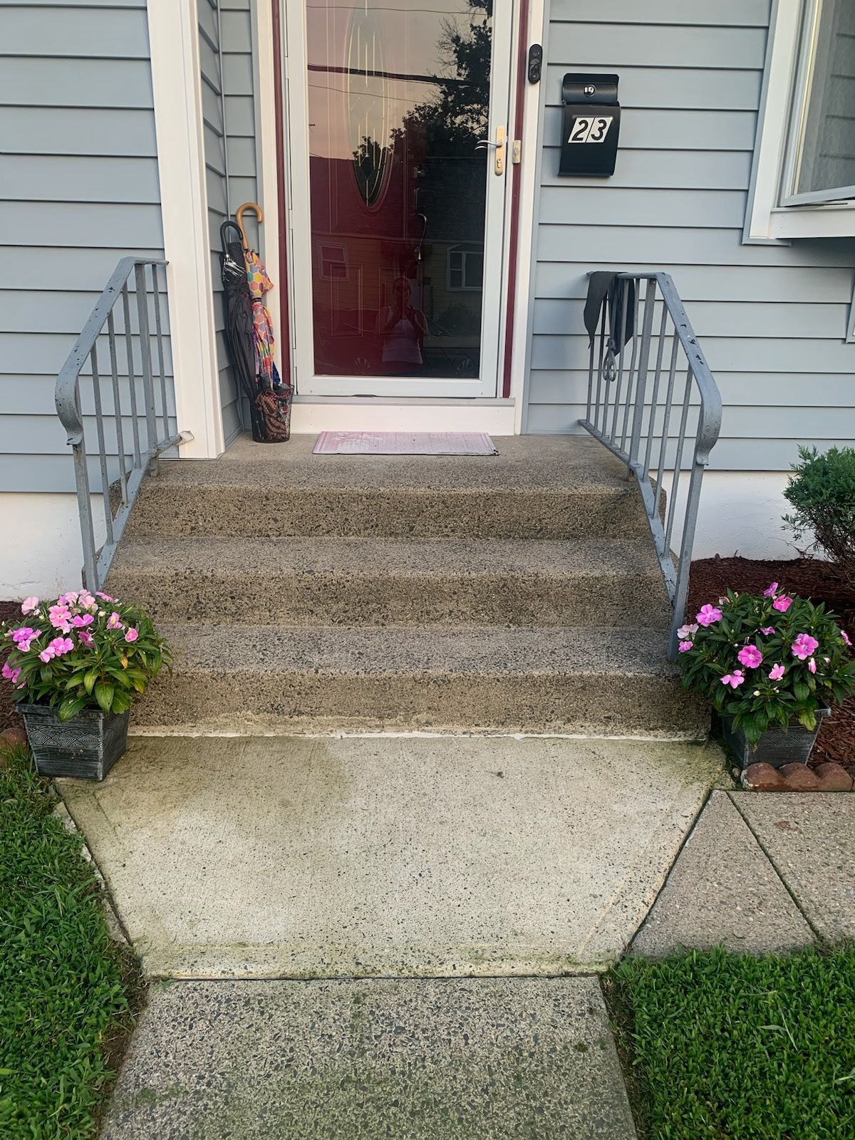 Concrete steps lead to a front door with a screen, flanked by metal railings and flower pots.