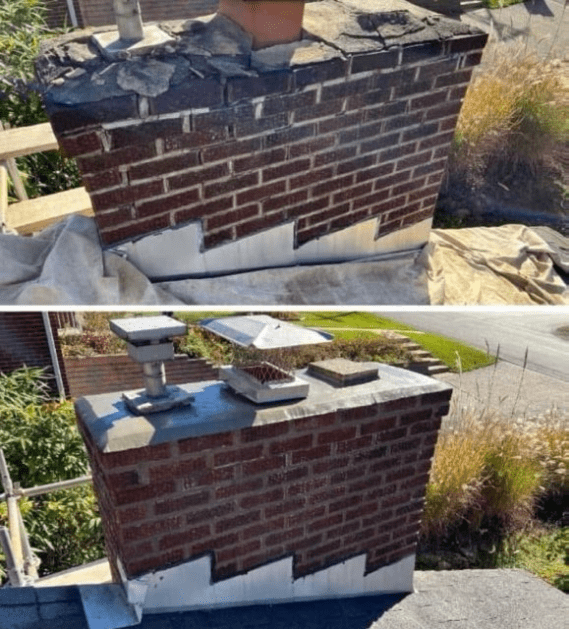 Before and after of a brick chimney repair, showing new cap and mortar work.