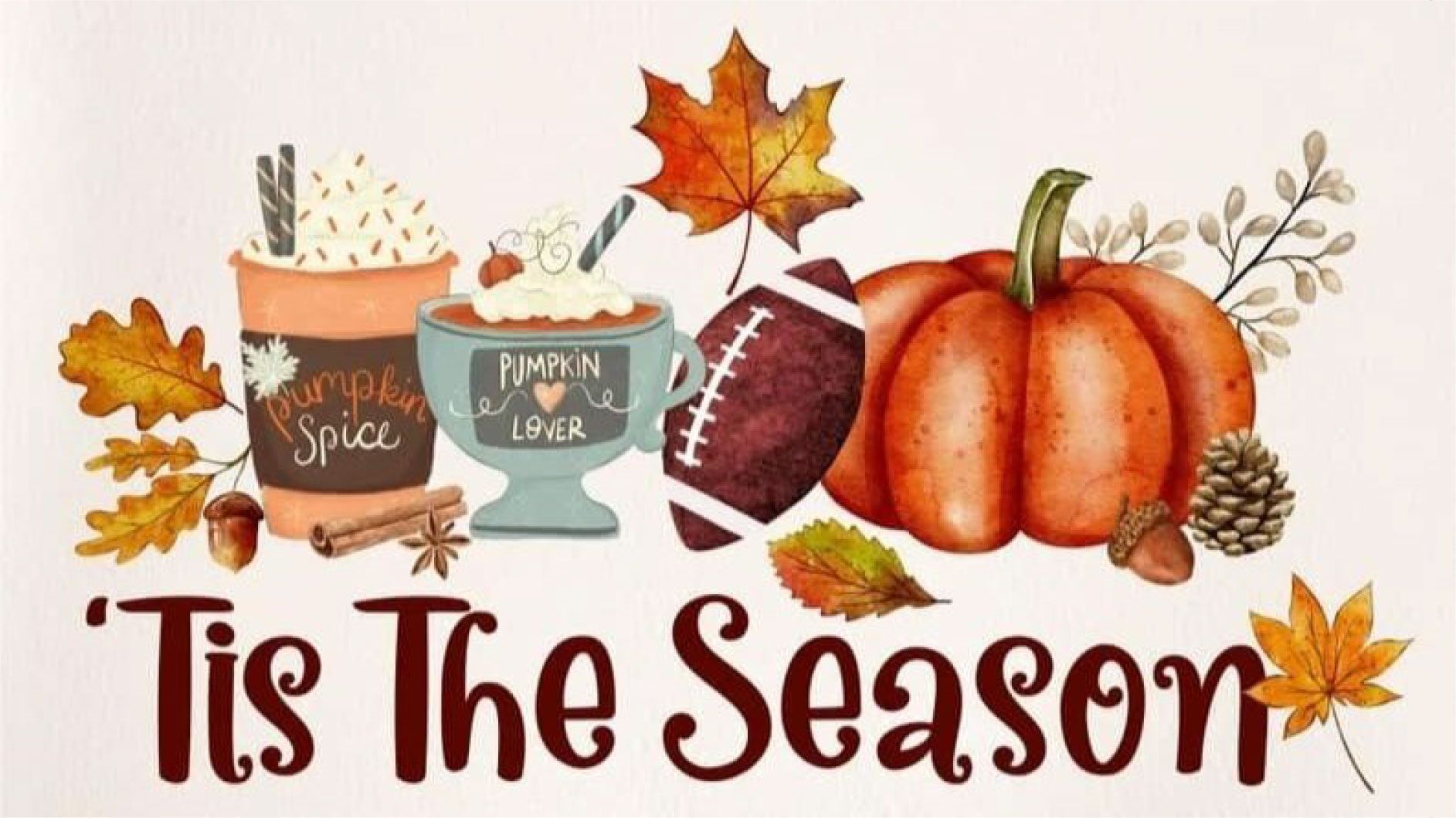 Pumpkin spice drinks, football, pumpkin, and fall leaves