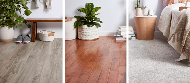 A collage of three pictures of different types of flooring in a bedroom