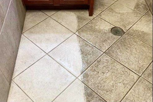 A before and after picture of a tile floor in a bathroom
