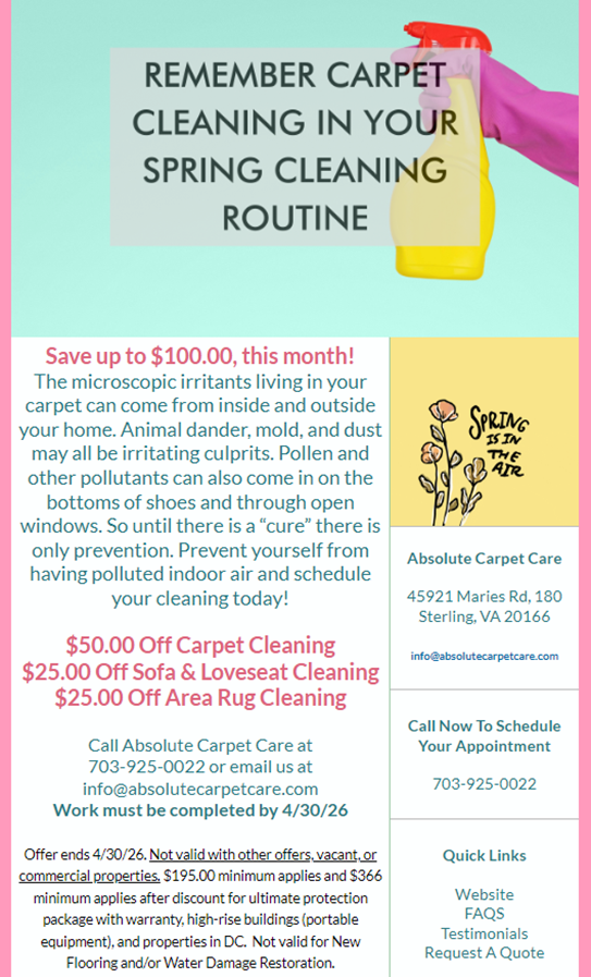 Promotional flyer for Absolute Carpet Care offering spring cleaning discounts on carpet, upholstery, and rug cleaning.