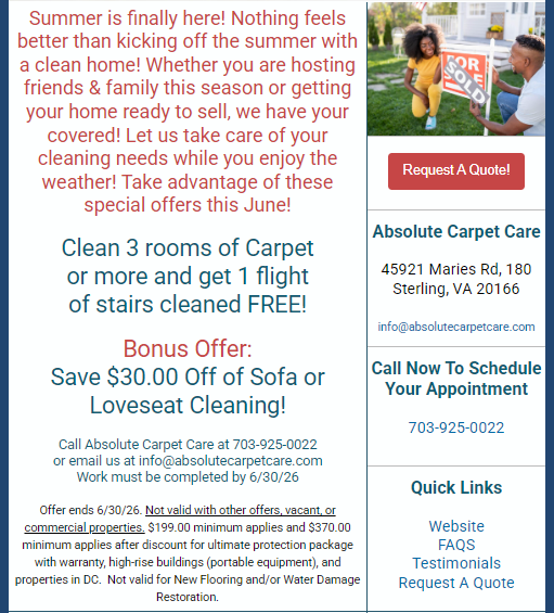 Carpet cleaning ad - clean 3 rooms of carpet or more and get 1 flight of stairs cleaned free.