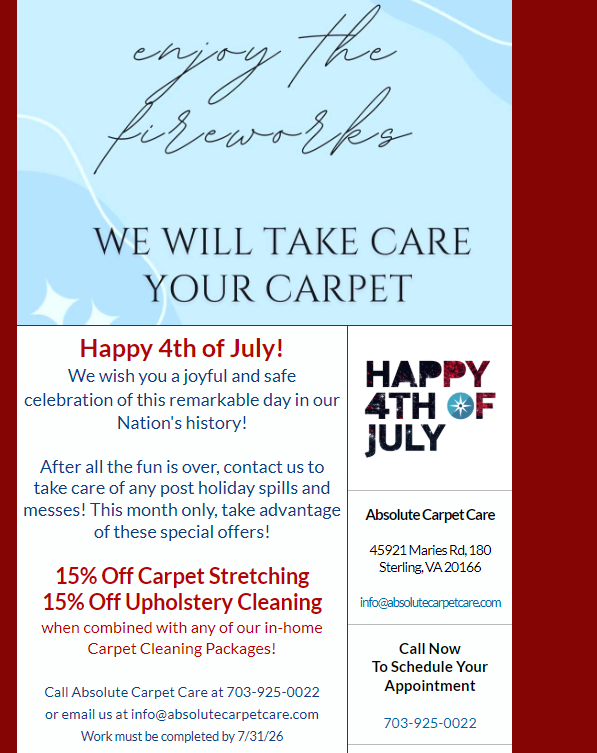 Blue Fourth of July carpet-cleaning ad with fireworks and Happy 4th of July sale text