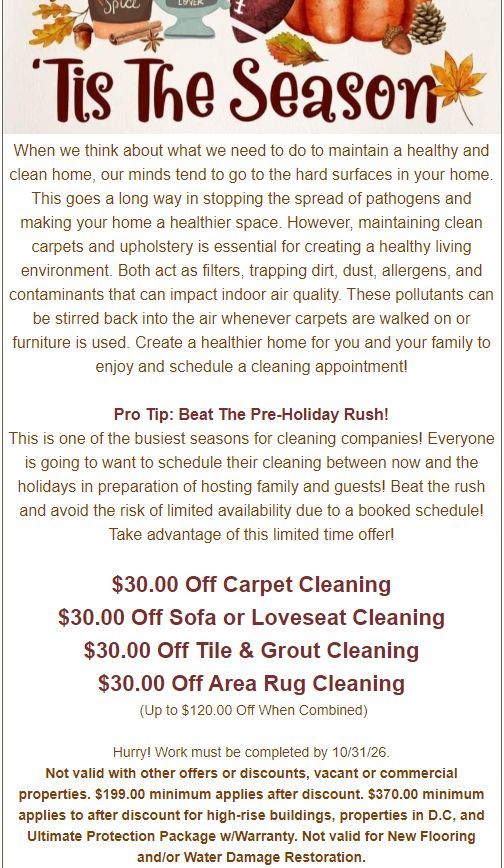 Holiday cleaning service flyer with seasonal message and discounts for carpet, sofa, and area rug cleaning