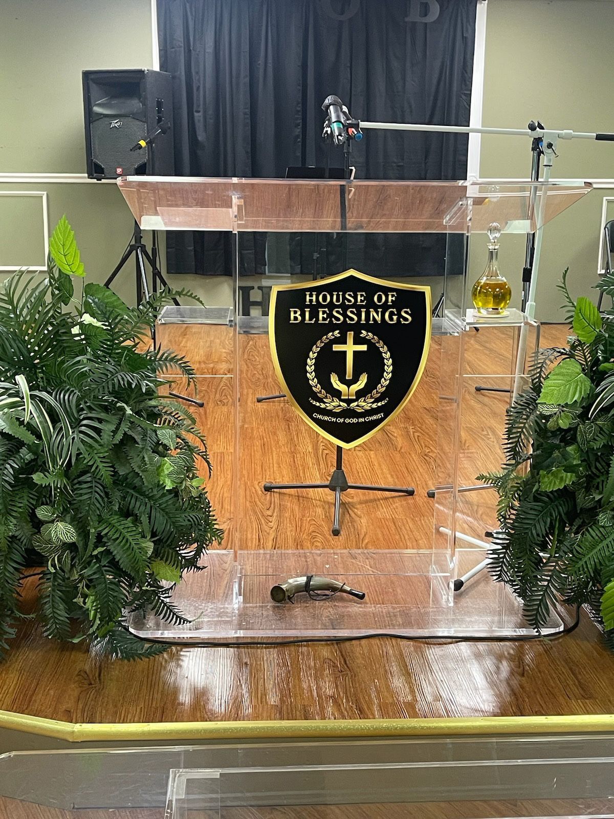 A clear podium with a shield on it is surrounded by plants and a microphone.